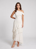 Ivory Satin column One Shoulder Side Zip Floor-Length Dress with Cascading Ruffles