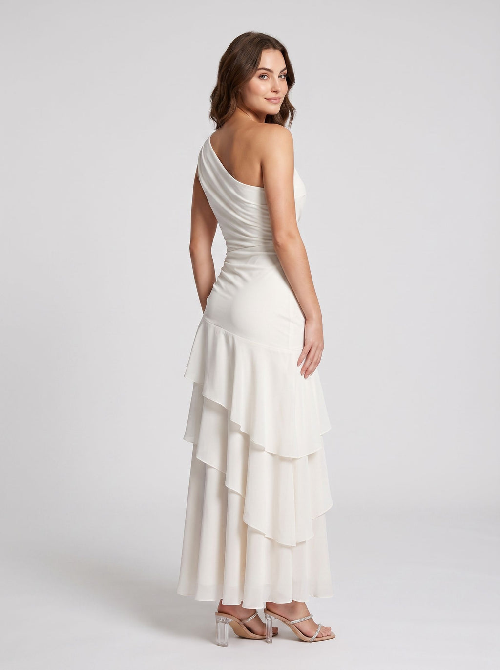 Ivory Satin column One Shoulder Side Zip Floor-Length Dress with Cascading Ruffles