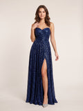 Dark Navy Sequins A-Line Straight Neck Back Zip Floor-Length Dress with Slit