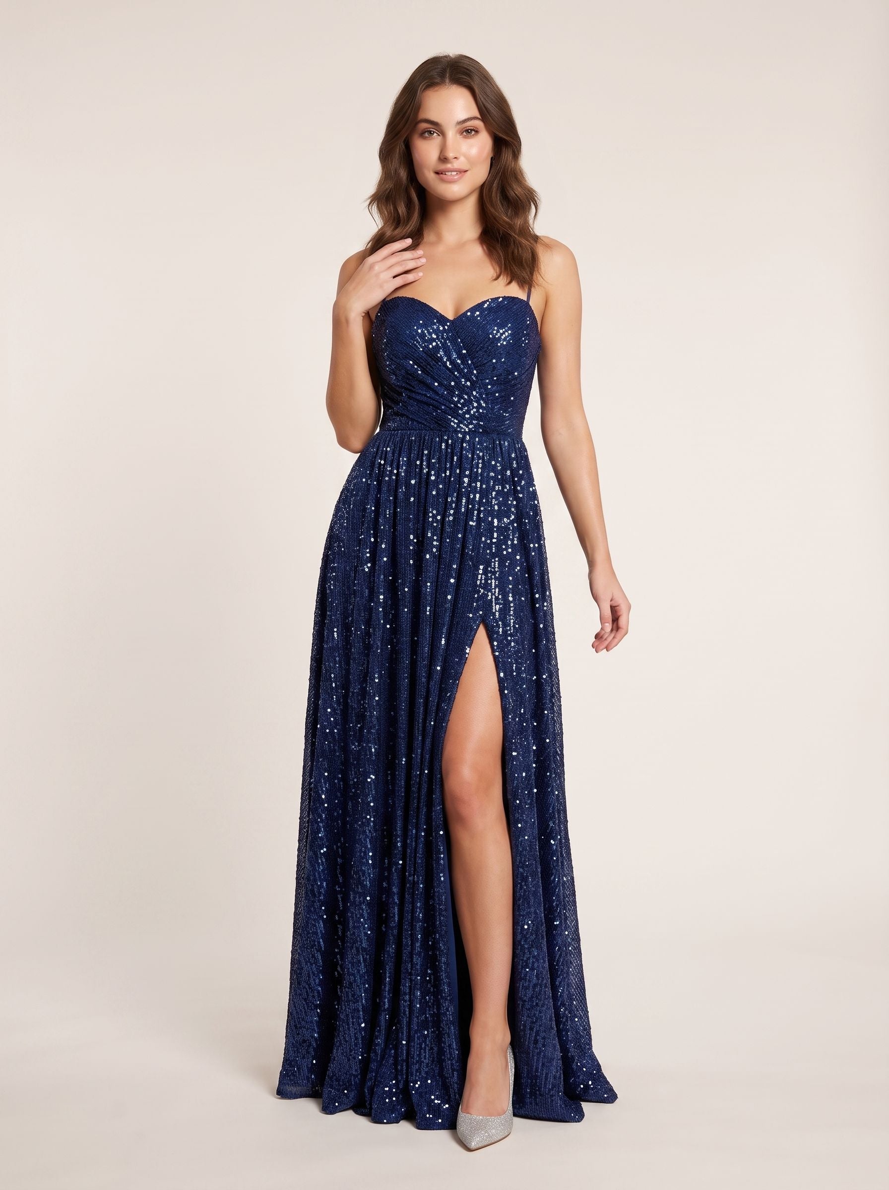 Dark Navy Sequins A-Line Straight Neck Back Zip Floor-Length Dress with Slit