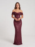 Cabernet Sequins Mermaid Off-the-Shoulder Back Zip Floor-Length Dress with Cascading Ruffles