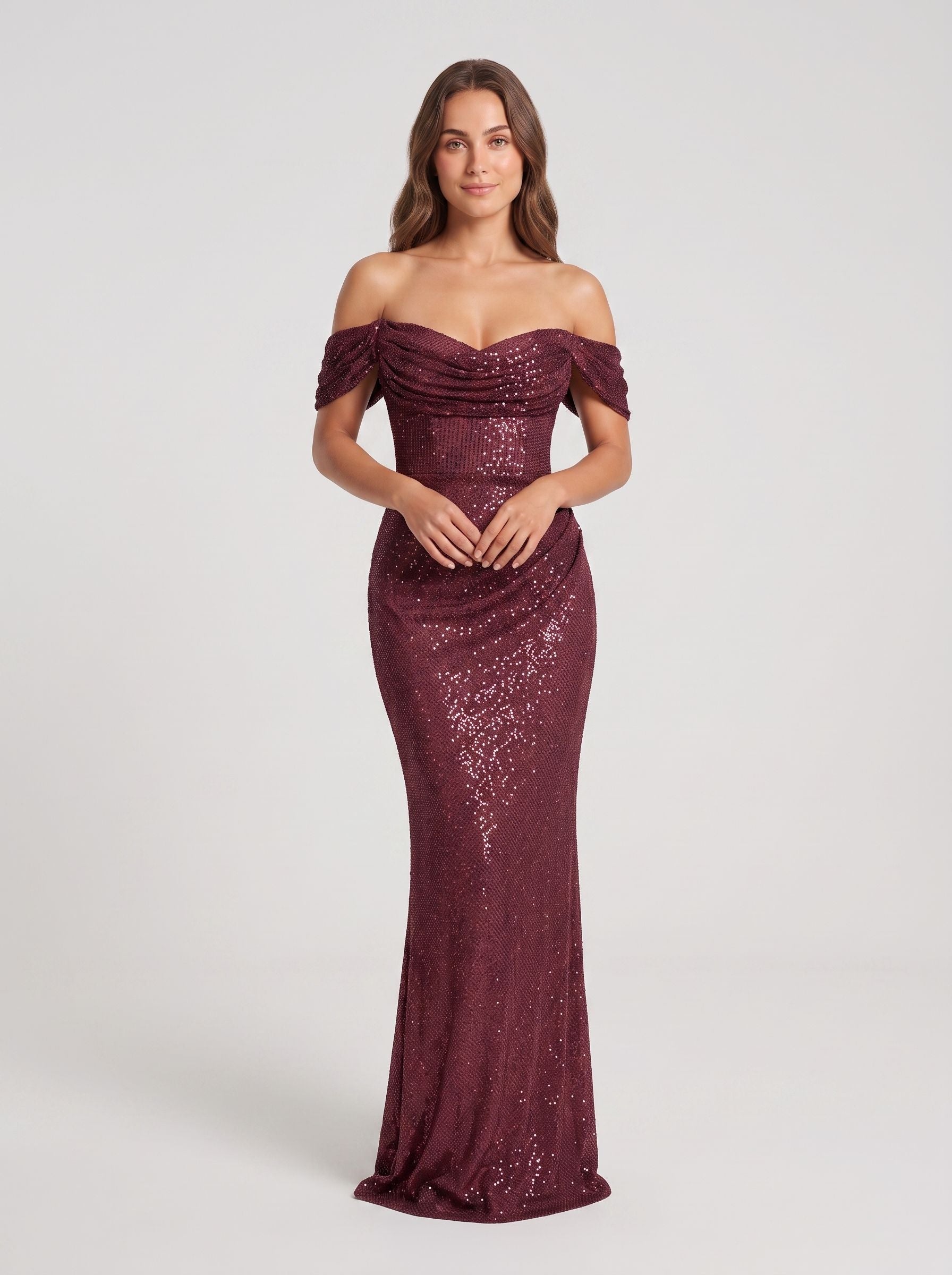 Cabernet Sequins Mermaid Off-the-Shoulder Back Zip Floor-Length Dress with Cascading Ruffles