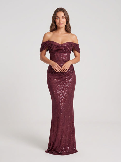 Cabernet Sequins Mermaid Off-the-Shoulder Back Zip Floor-Length Dress with Cascading Ruffles