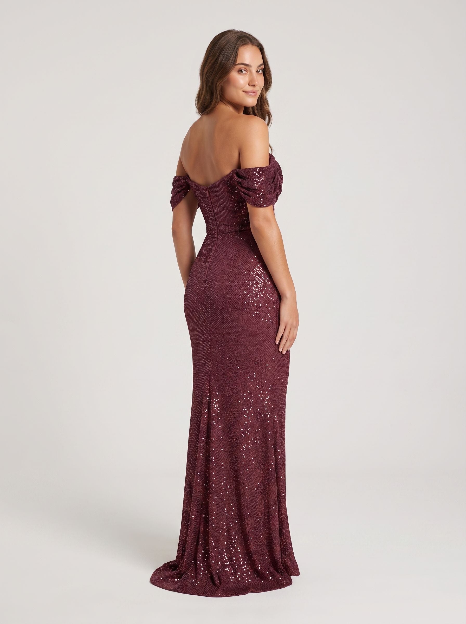 Cabernet Sequins Mermaid Off-the-Shoulder Back Zip Floor-Length Dress with Cascading Ruffles