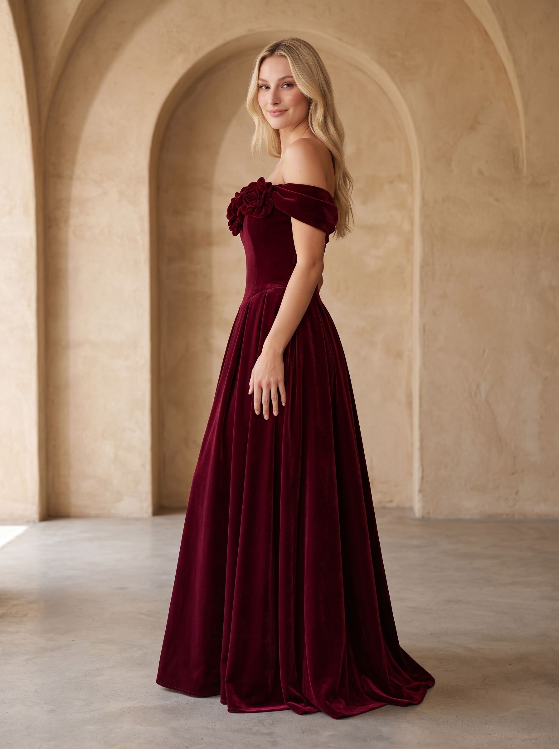 Cabernet Velvet A-Line Off-the-Shoulder Back Zip Floor-Length Dress with Pleated Bodice