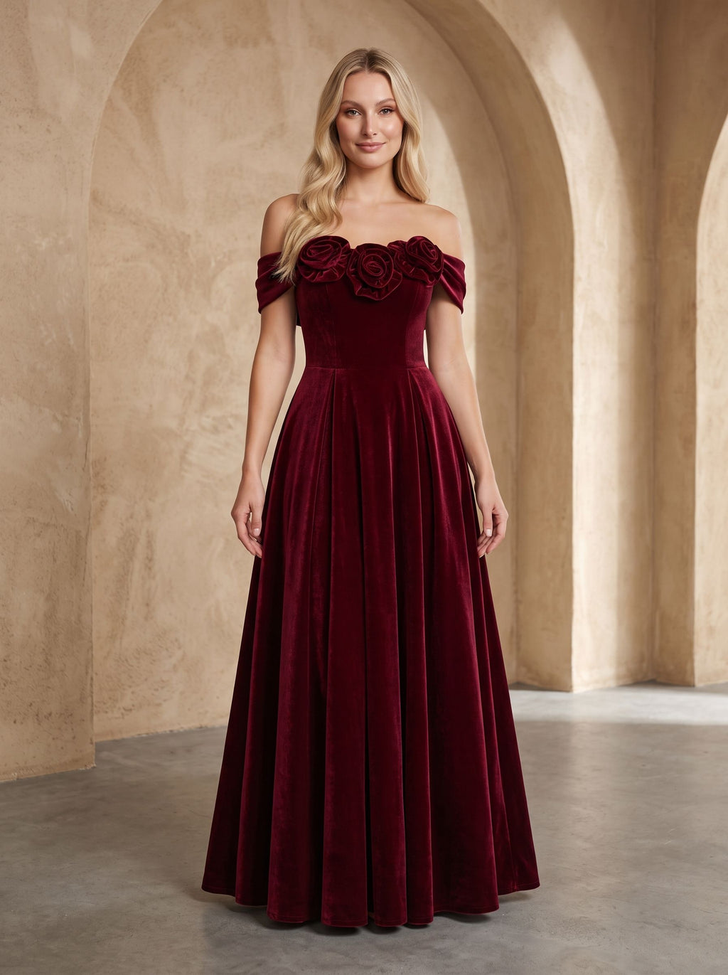 Cabernet Velvet A-Line Off-the-Shoulder Back Zip Floor-Length Dress with Pleated Bodice