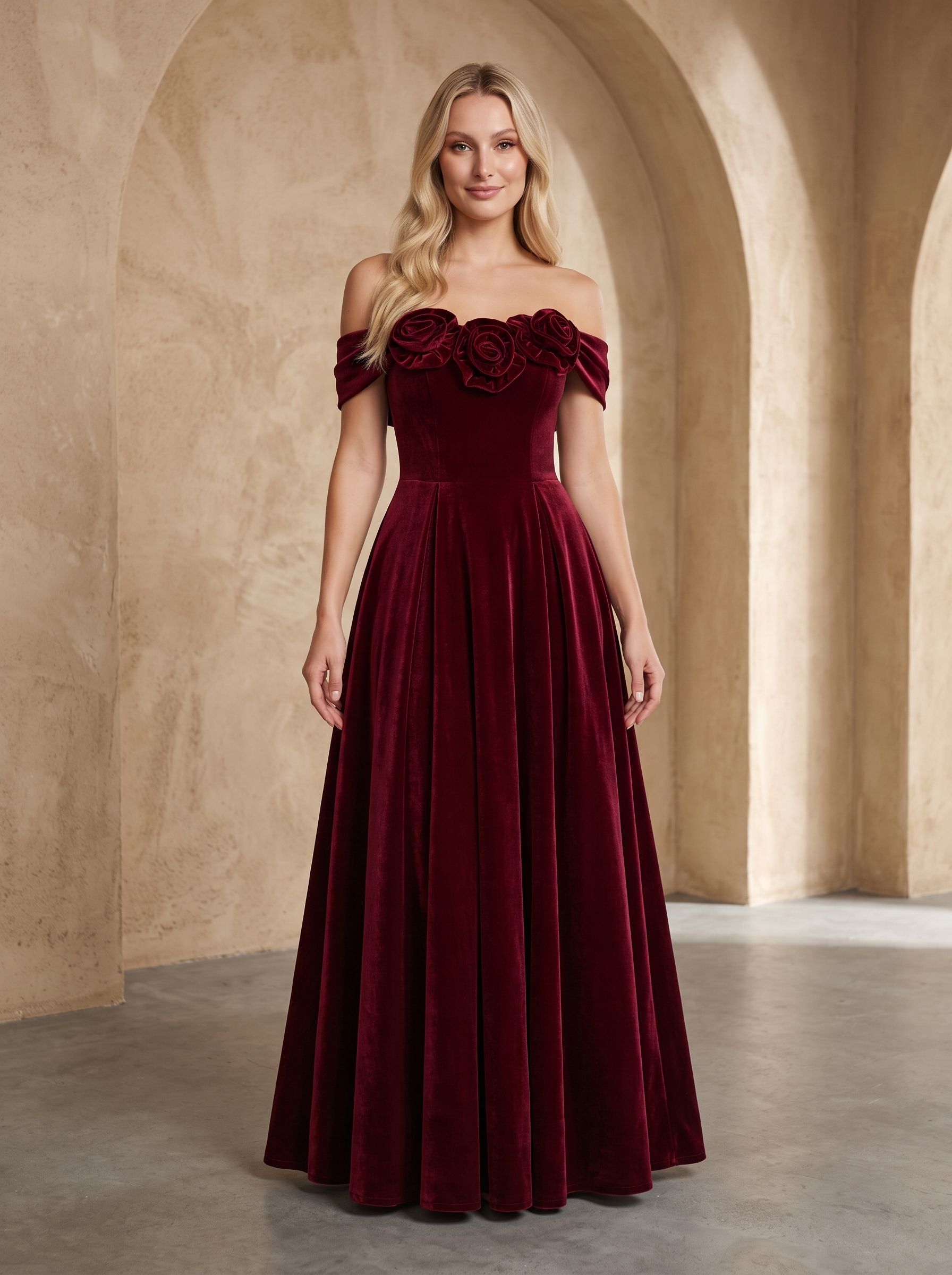 Cabernet Velvet A-Line Off-the-Shoulder Back Zip Floor-Length Dress with Pleated Bodice