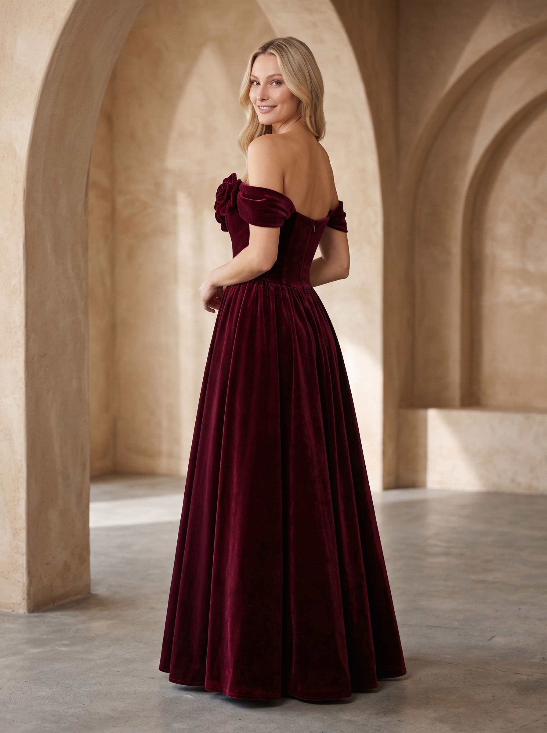 Cabernet Velvet A-Line Off-the-Shoulder Back Zip Floor-Length Dress with Pleated Bodice