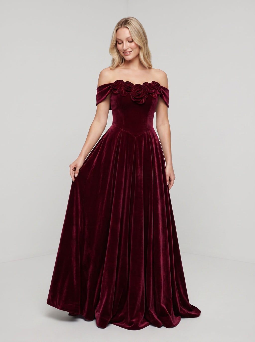 Cabernet Velvet A-Line Off-the-Shoulder Back Zip Floor-Length Dress with Pleated Bodice
