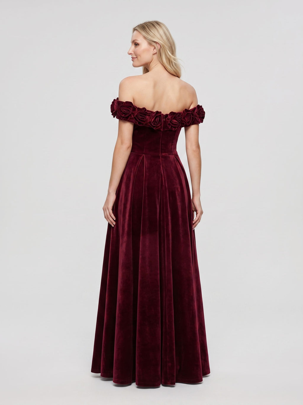 Cabernet Velvet A-Line Off-the-Shoulder Back Zip Floor-Length Dress with Pleated Bodice