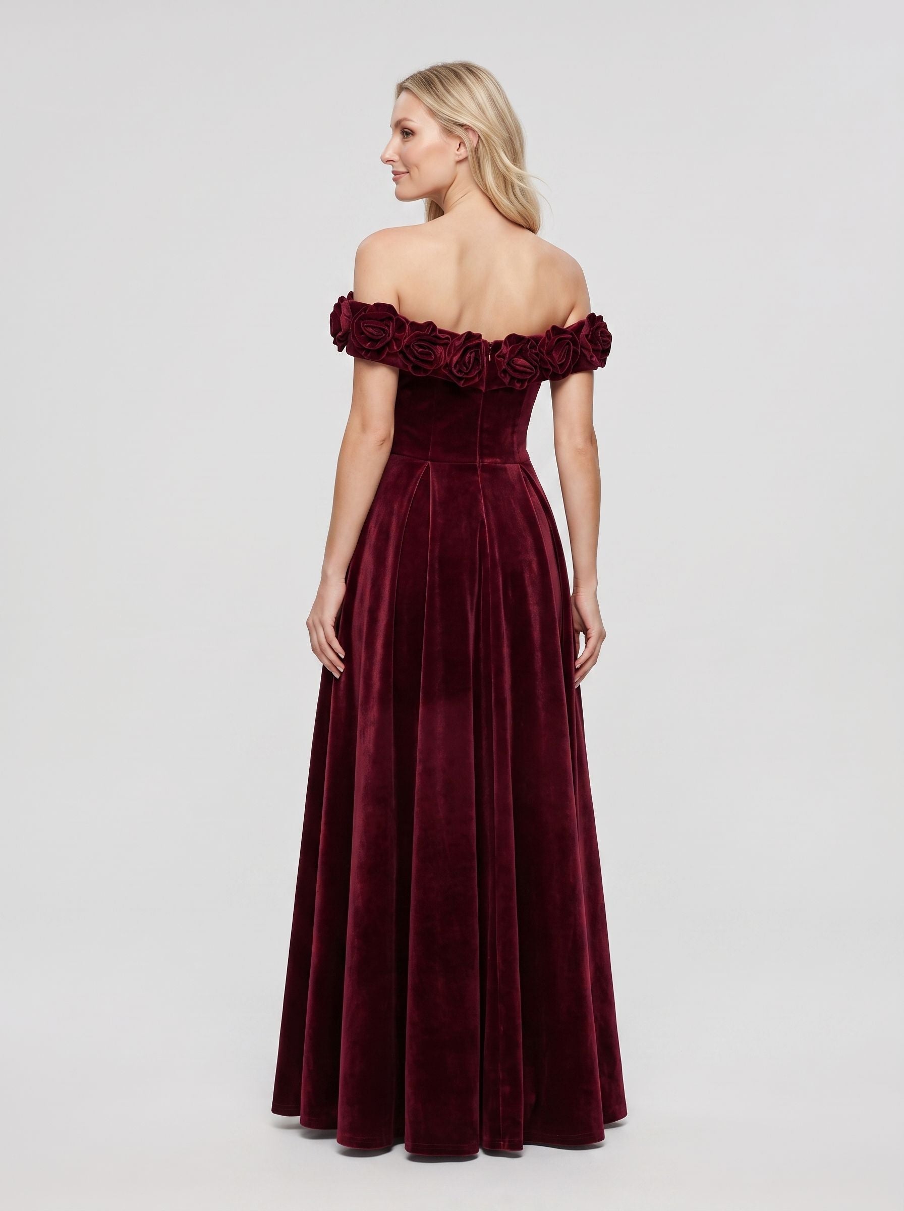 Cabernet Velvet A-Line Off-the-Shoulder Back Zip Floor-Length Dress with Pleated Bodice