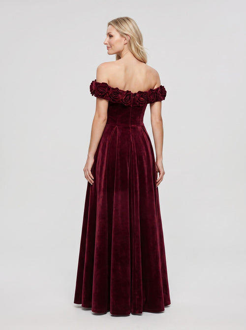 Cabernet Velvet A-Line Off-the-Shoulder Back Zip Floor-Length Dress with Pleated Bodice