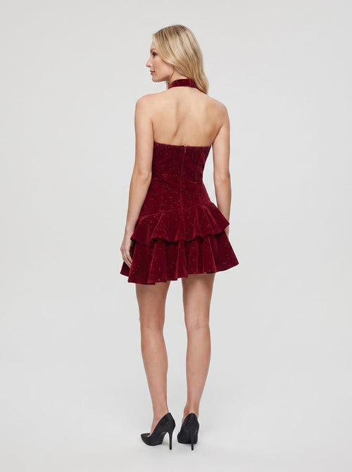 Cabernet Velvet A-Line Scoop Neck Back Zip Short Dress with Layered Skirt