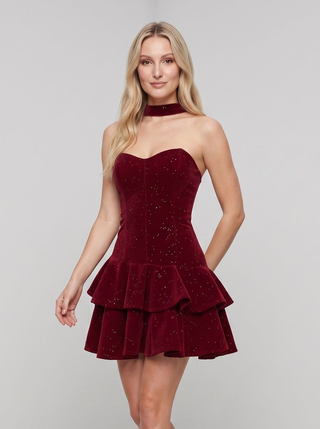 Cabernet Velvet A-Line Scoop Neck Back Zip Short Dress with Layered Skirt