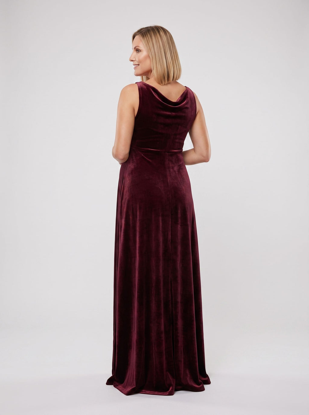 Cabernet Velvet Empire V-Neck Back Zip Floor-Length Dress with Cowl Drape
