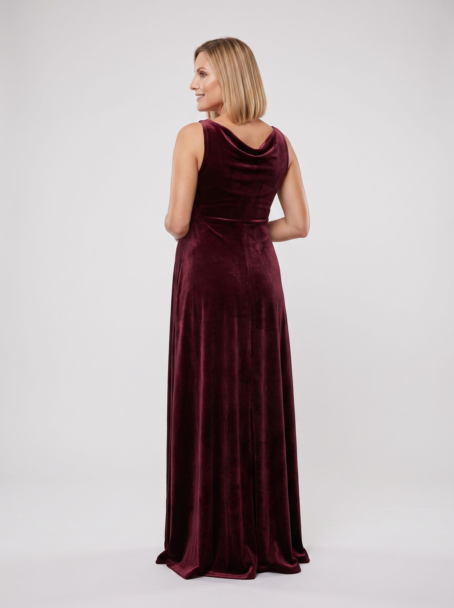 Cabernet Velvet Empire V-Neck Back Zip Floor-Length Dress with Cowl Drape