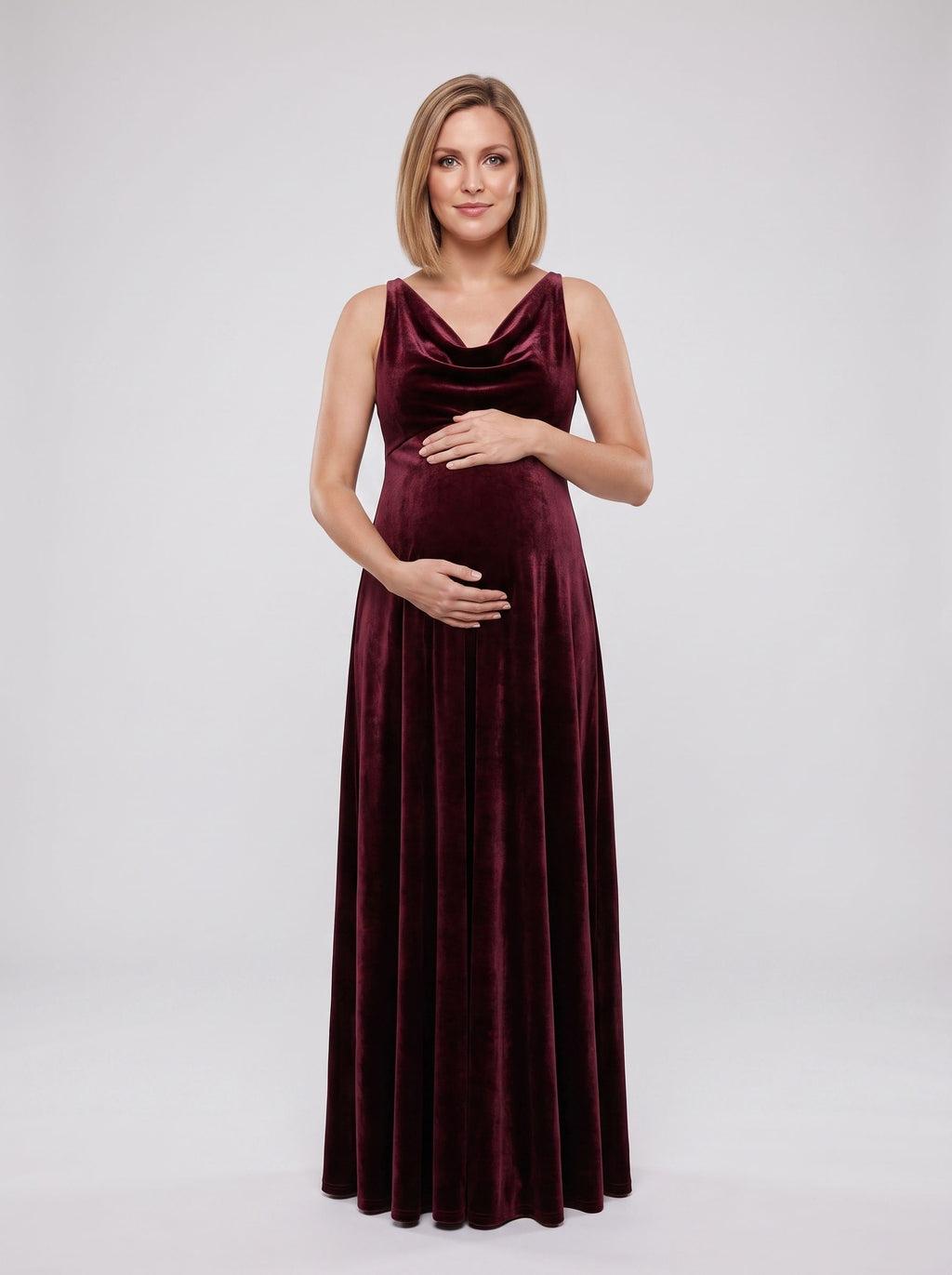 Cabernet Velvet Empire V-Neck Back Zip Floor-Length Dress with Cowl Drape