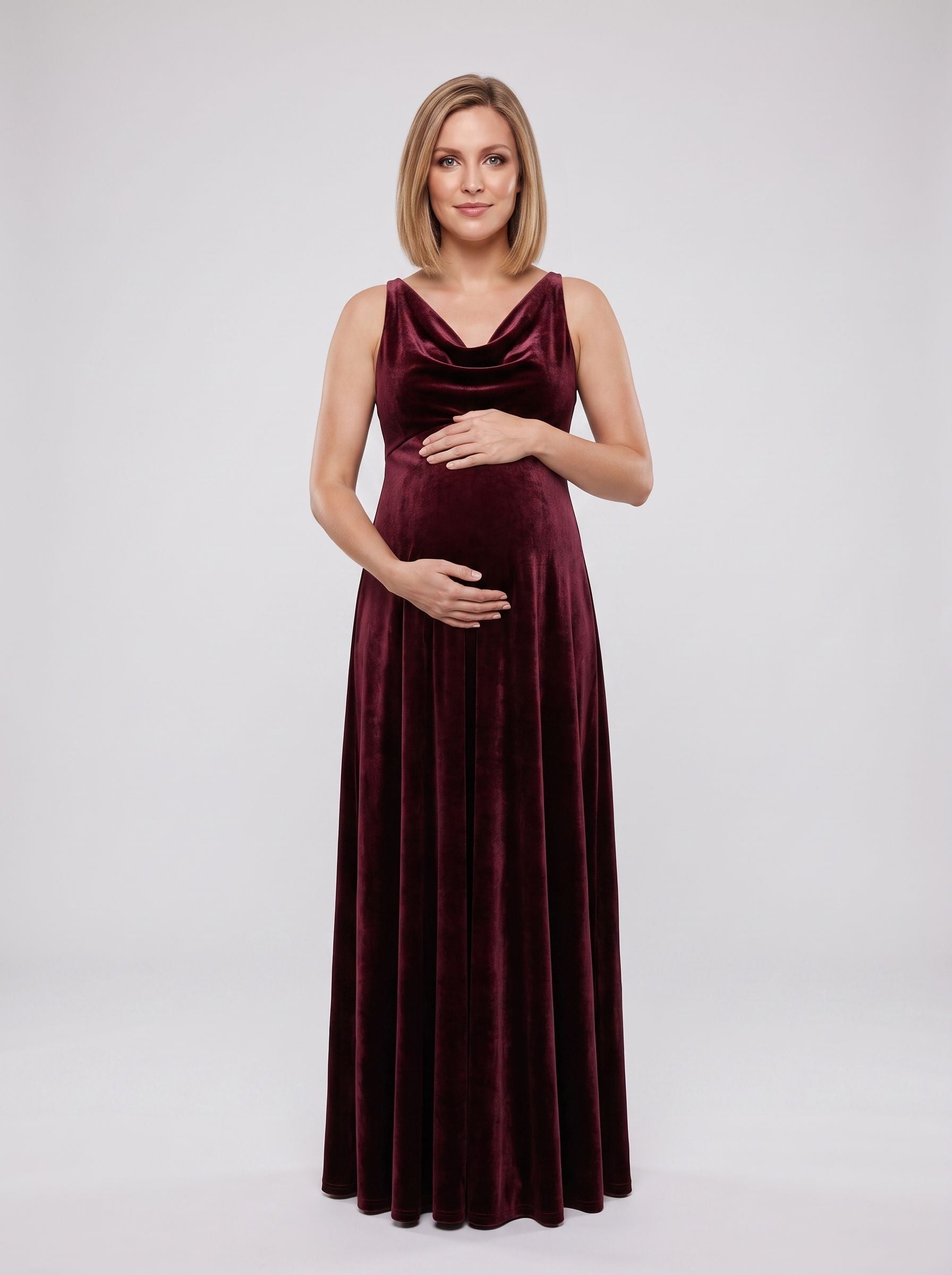 Cabernet Velvet Empire V-Neck Back Zip Floor-Length Dress with Cowl Drape
