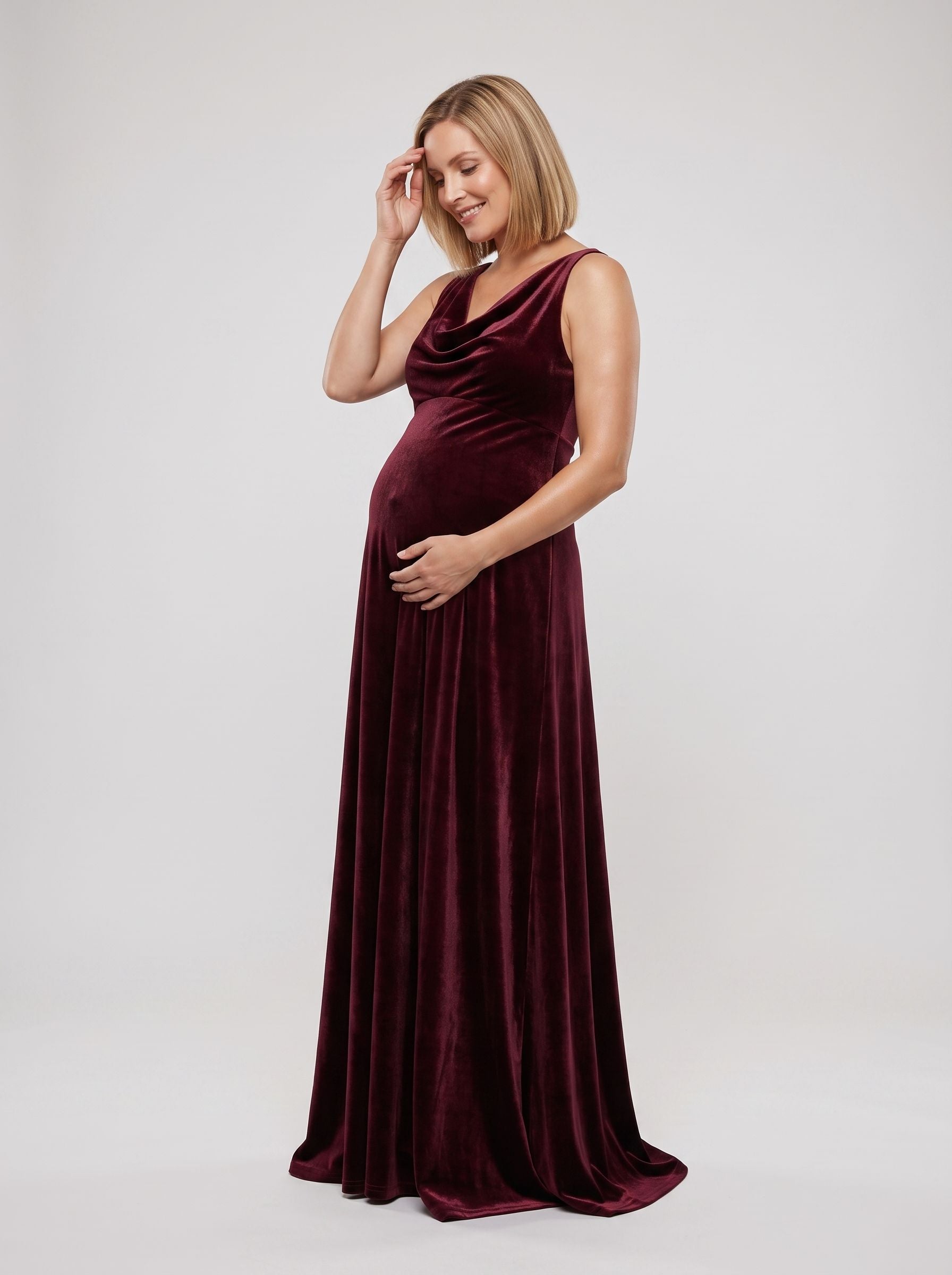 Cabernet Velvet Empire V-Neck Back Zip Floor-Length Dress with Cowl Drape