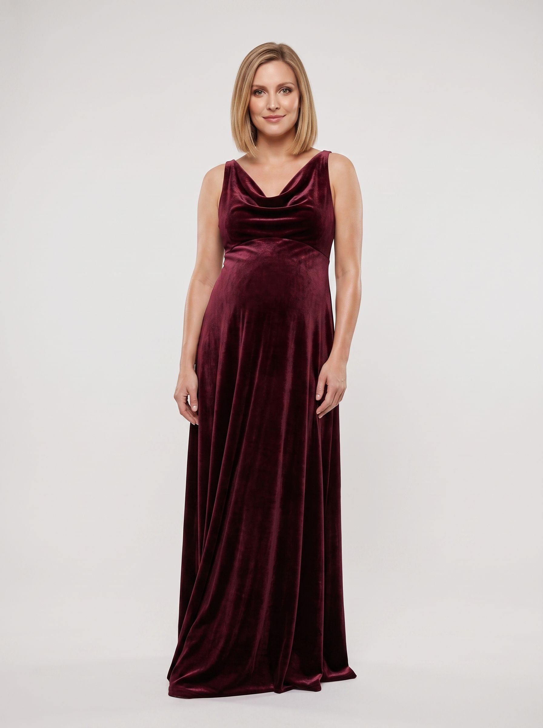 Cabernet Velvet Empire V-Neck Back Zip Floor-Length Dress with Cowl Drape