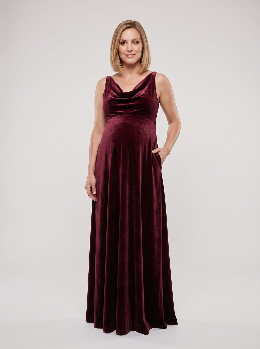 Cabernet Velvet Empire V-Neck Back Zip Floor-Length Dress with Cowl Drape