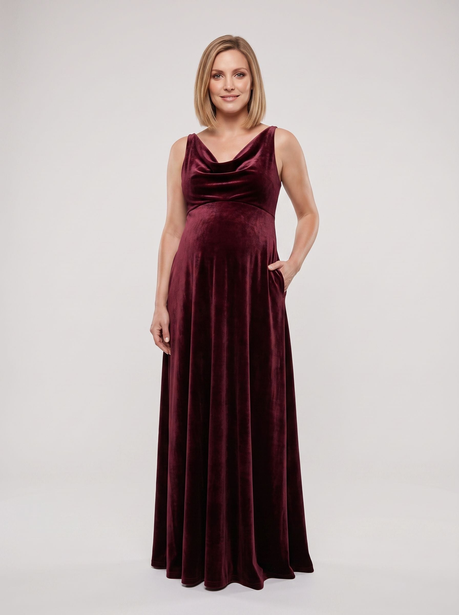 Cabernet Velvet Empire V-Neck Back Zip Floor-Length Dress with Cowl Drape