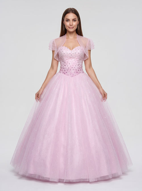 Blushing Pink Tulle A-Line Sweetheart Lace-up Floor-Length Dress with Beaded Corset Bodice