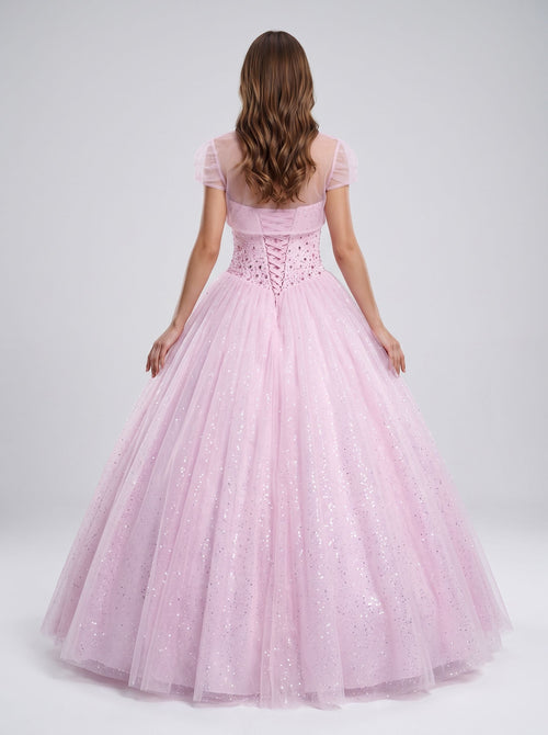 Blushing Pink Tulle A-Line Sweetheart Lace-up Floor-Length Dress with Beaded Corset Bodice