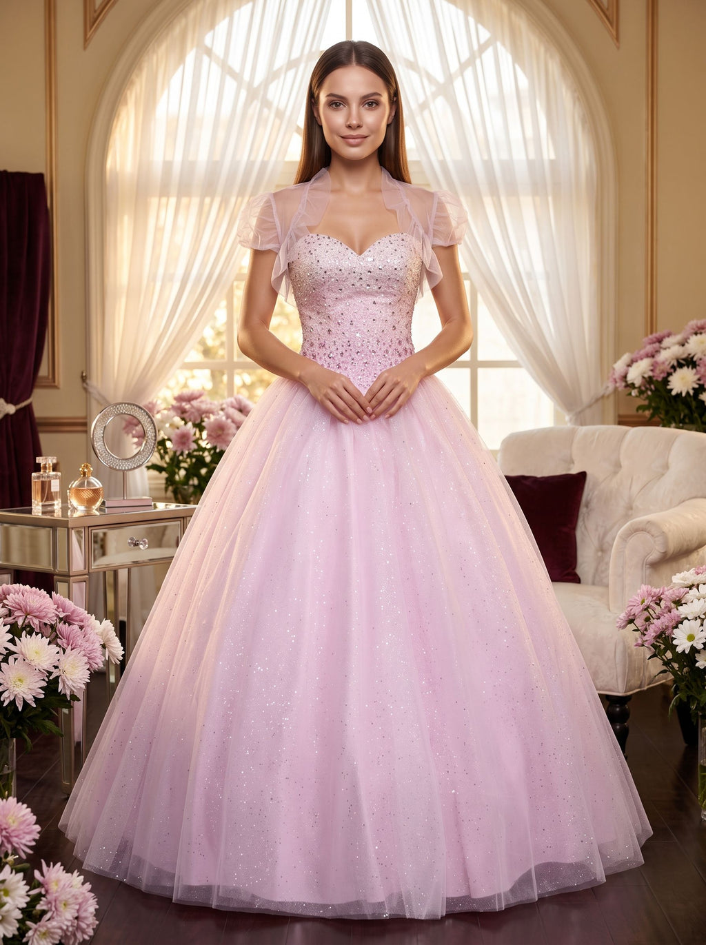 Blushing Pink Tulle A-Line Sweetheart Lace-up Floor-Length Dress with Beaded Corset Bodice