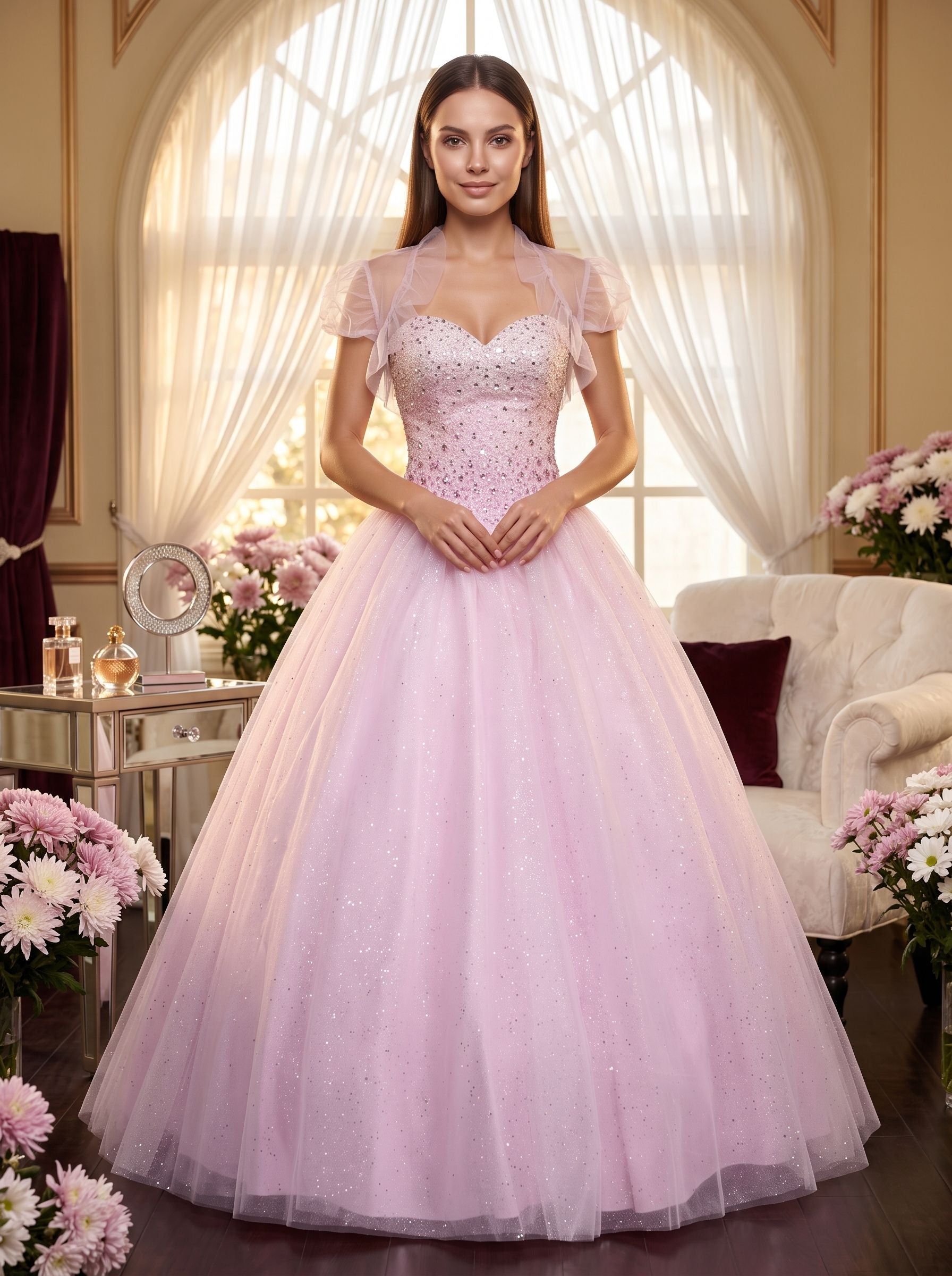 Blushing Pink Tulle A-Line Sweetheart Lace-up Floor-Length Dress with Beaded Corset Bodice