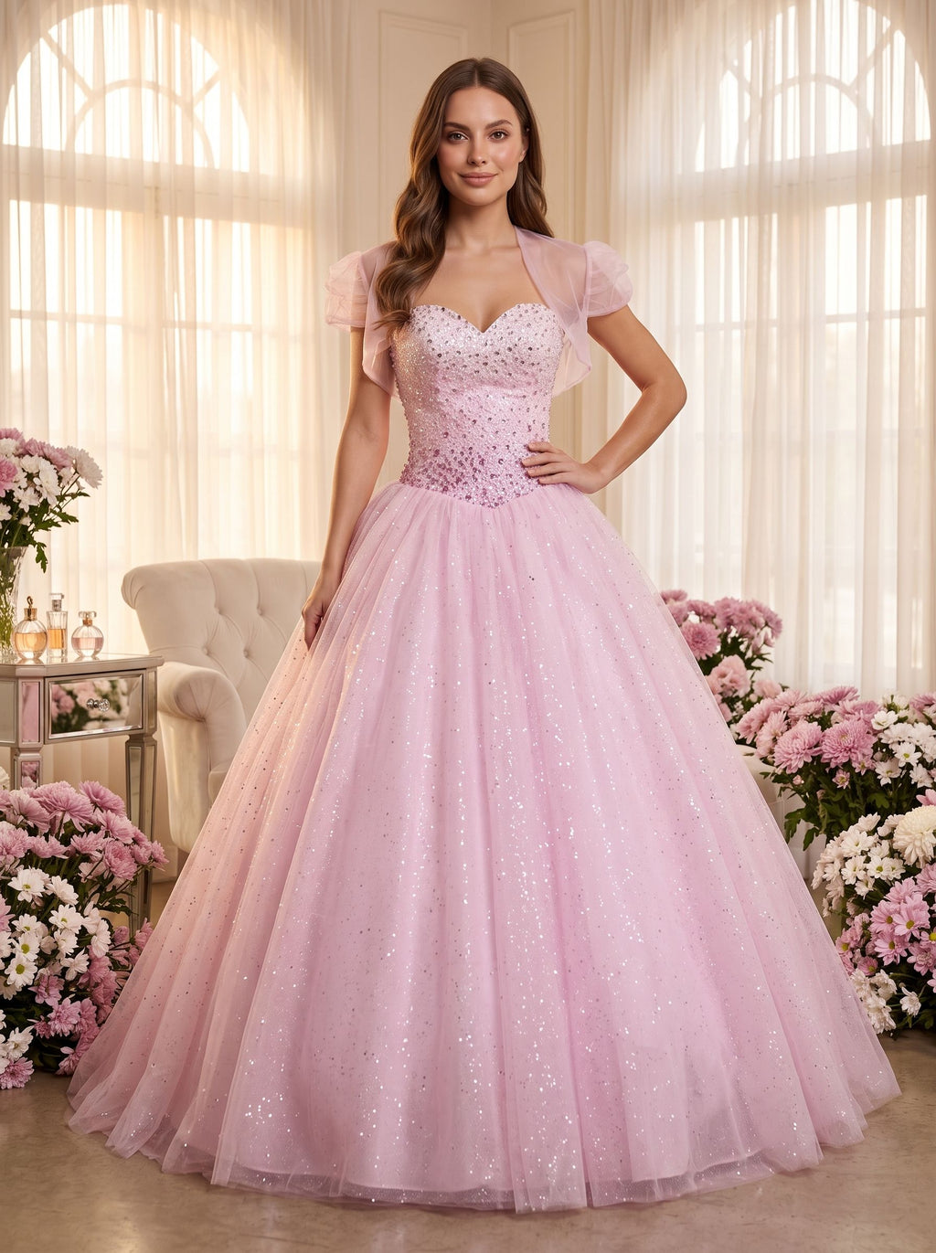 Blushing Pink Tulle A-Line Sweetheart Lace-up Floor-Length Dress with Beaded Corset Bodice