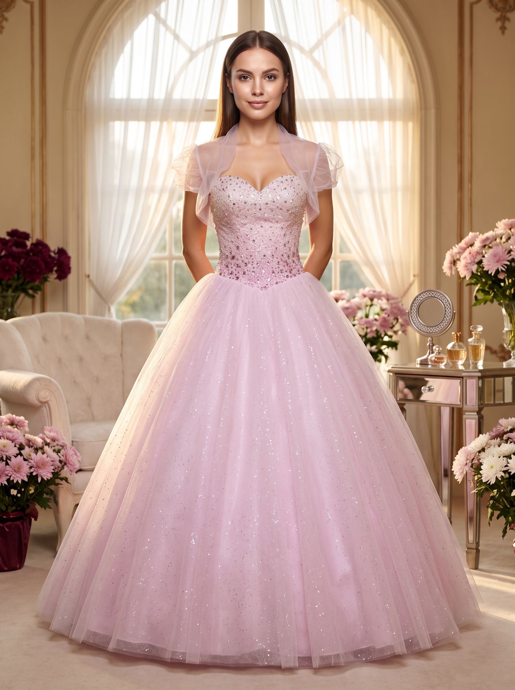 Blushing Pink Tulle A-Line Sweetheart Lace-up Floor-Length Dress with Beaded Corset Bodice