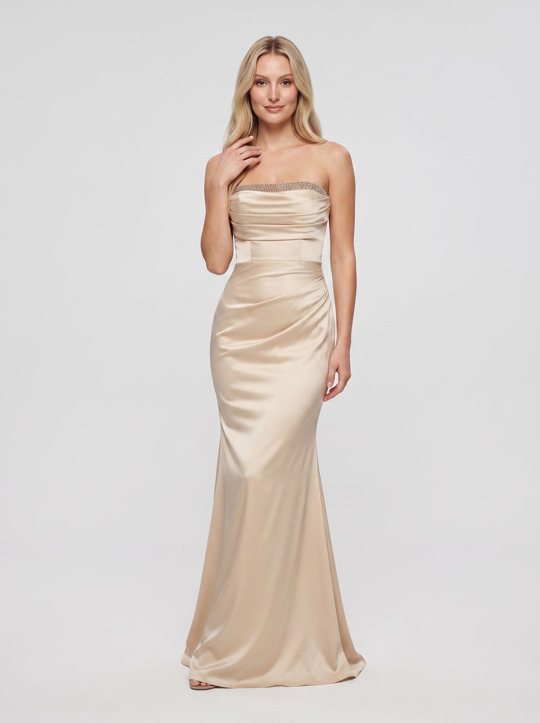 Champagne Satin Sheath Straight Neck Back Zip Floor-Length Dress with Sparkling Beaded Trim