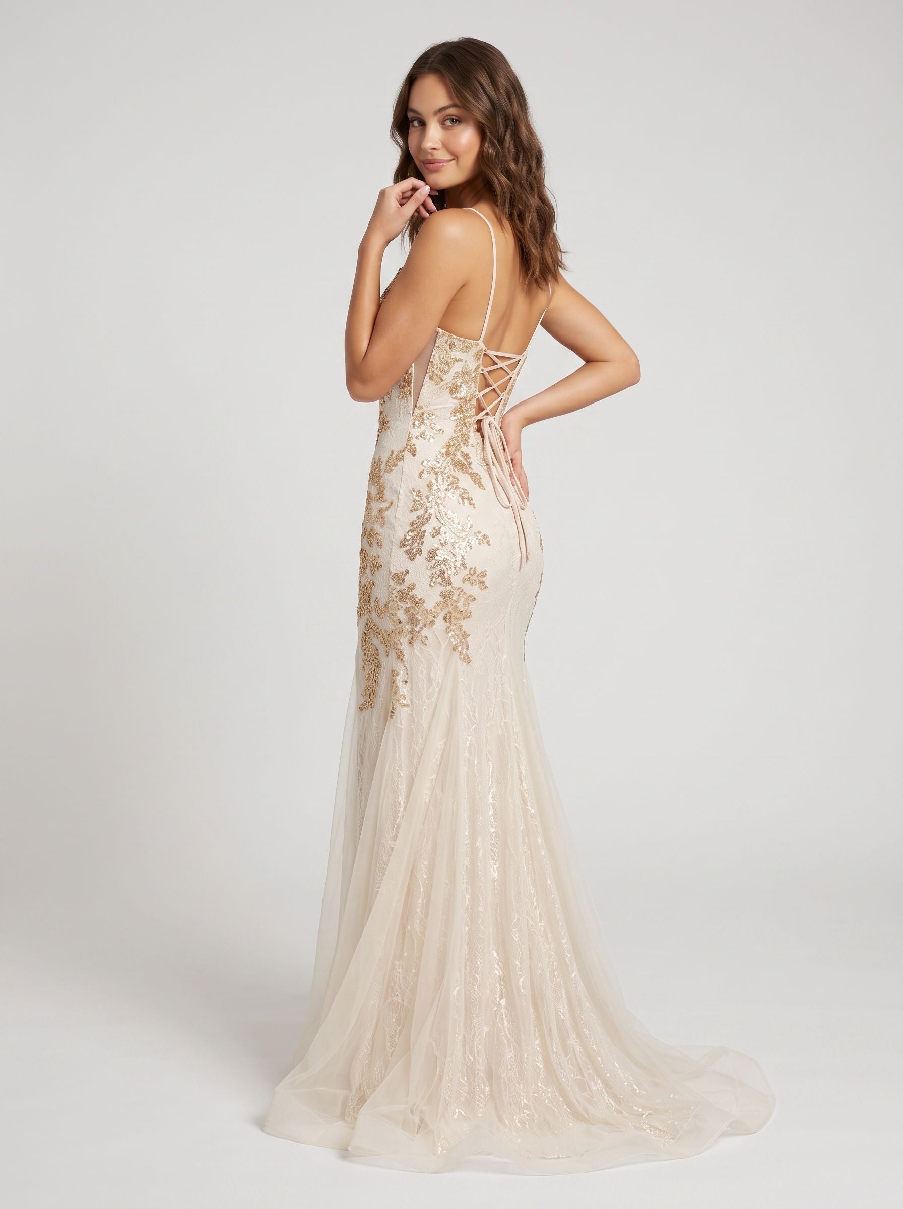 Sand Tulle Mermaid V-Neck Backless Floor-Length Dress with Glitter Print and Side Slit