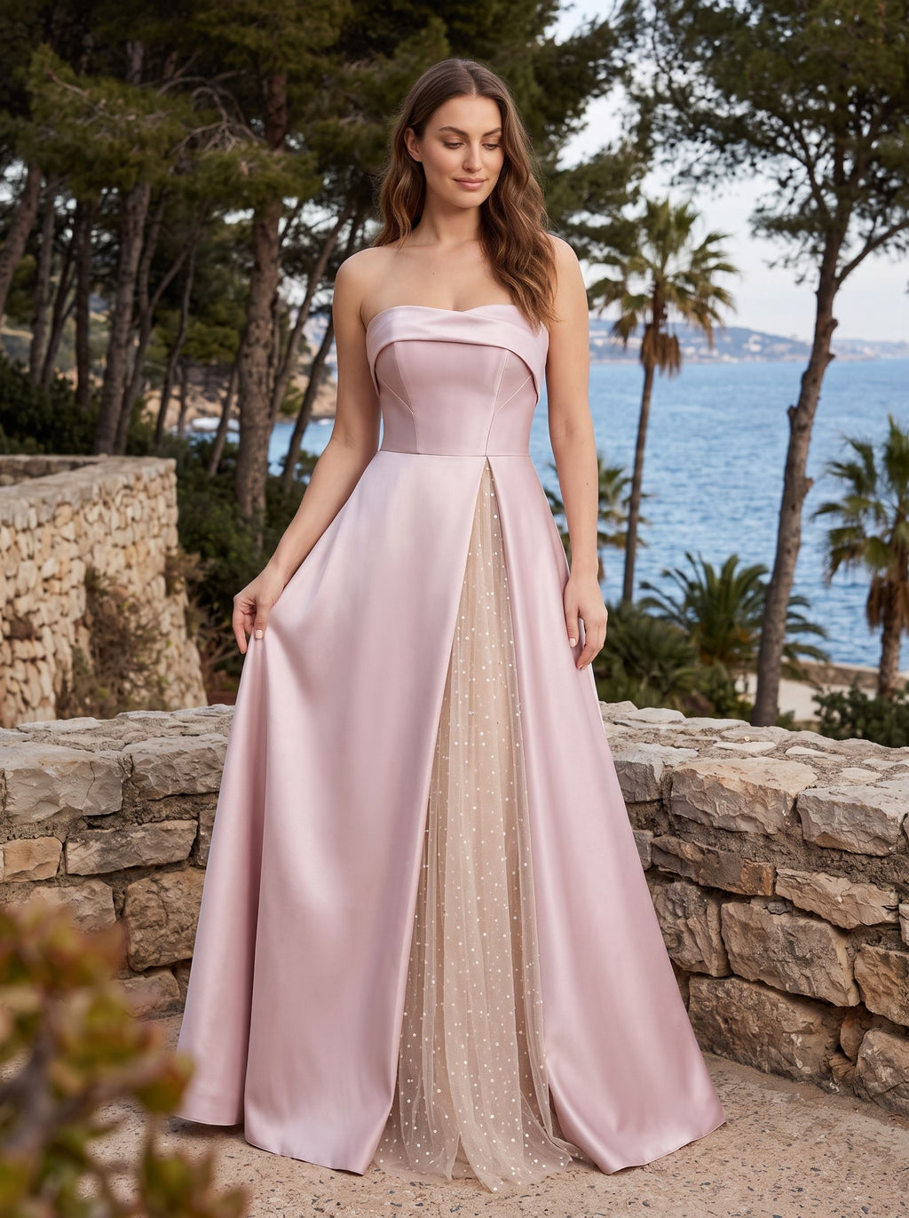 Pink Sequin A-Line Straight Neck Back Zip Floor-Length Dress
