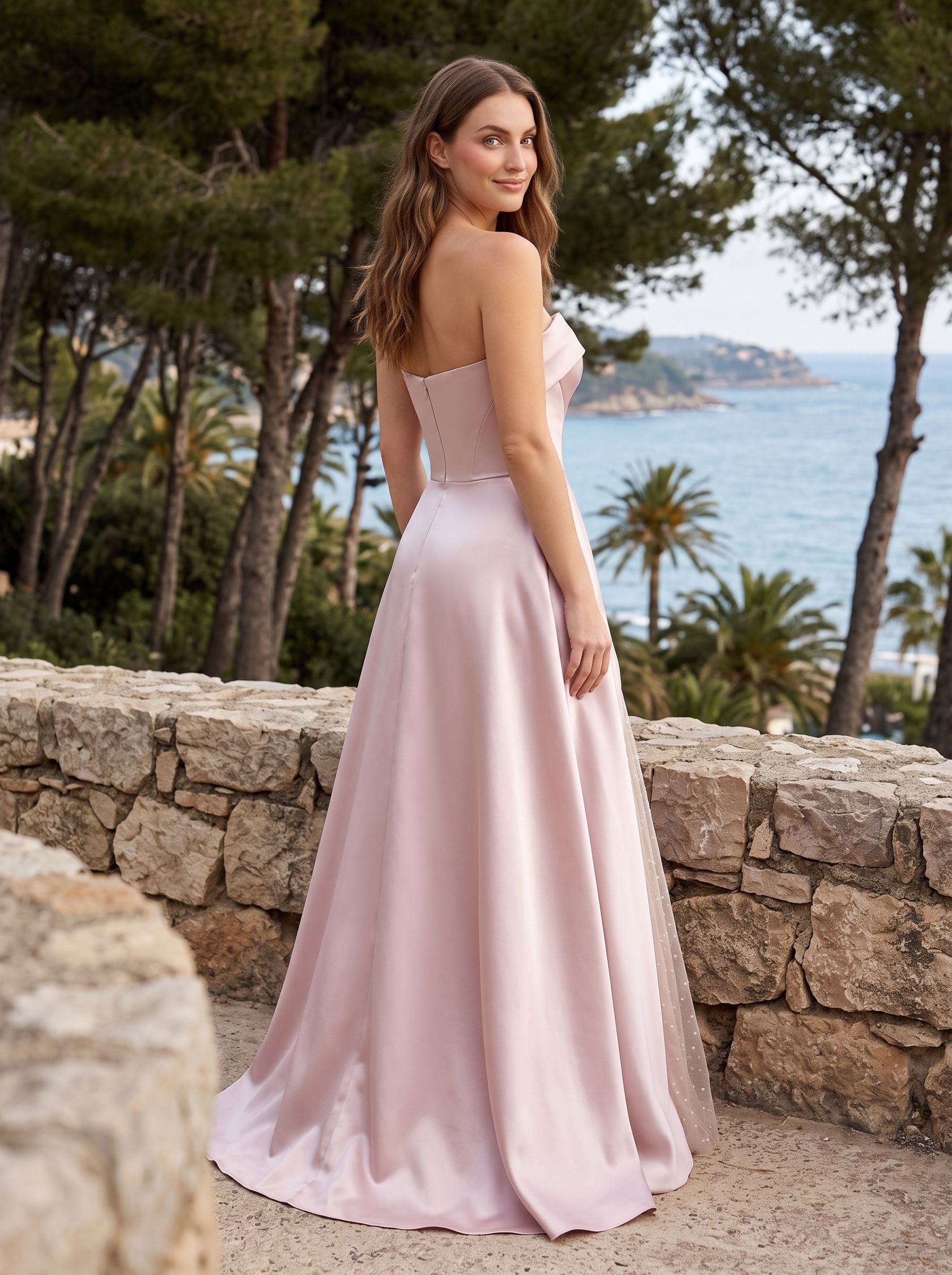 Pink Sequin A-Line Straight Neck Back Zip Floor-Length Dress