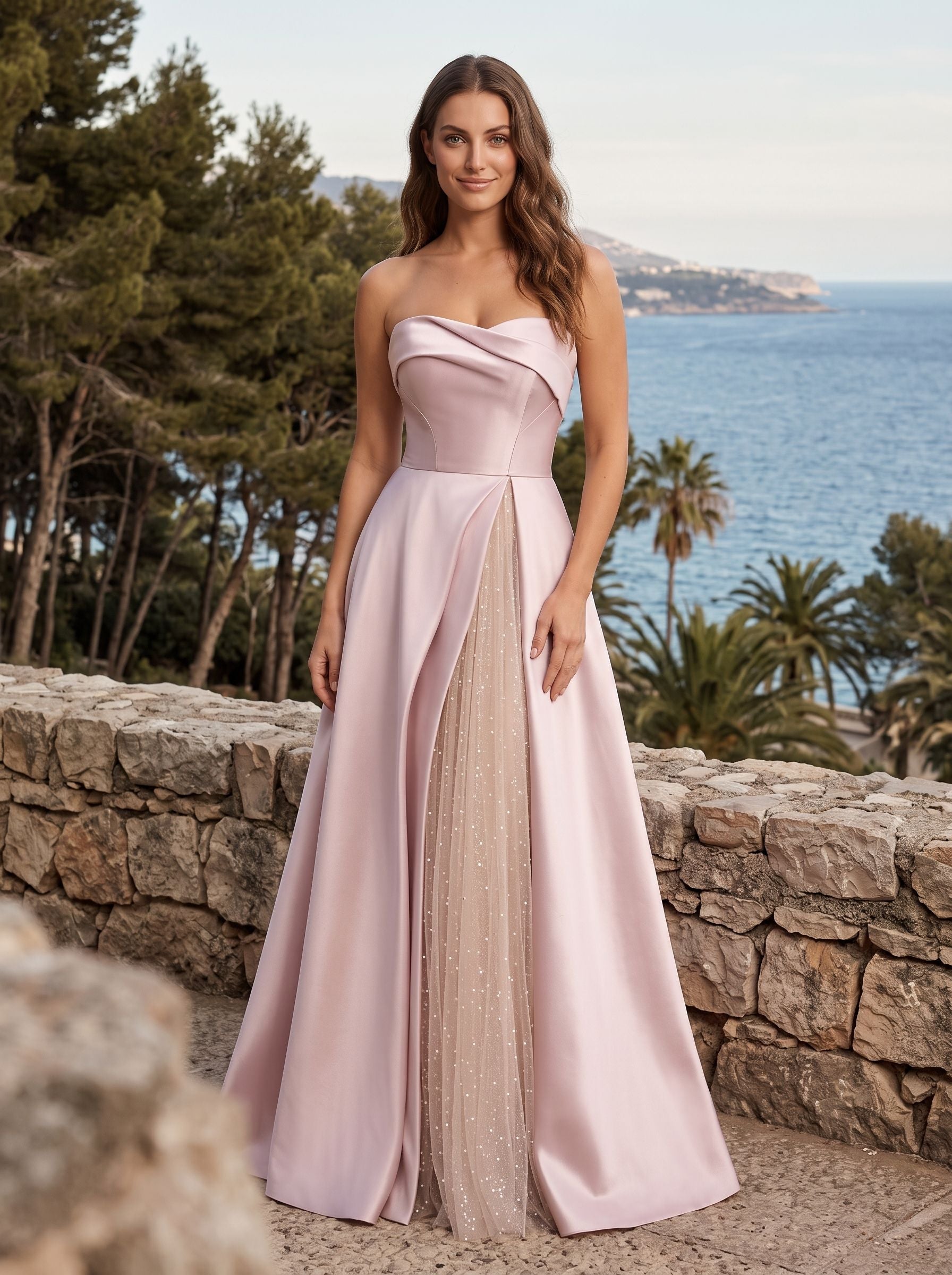 Pink Sequin A-Line Straight Neck Back Zip Floor-Length Dress