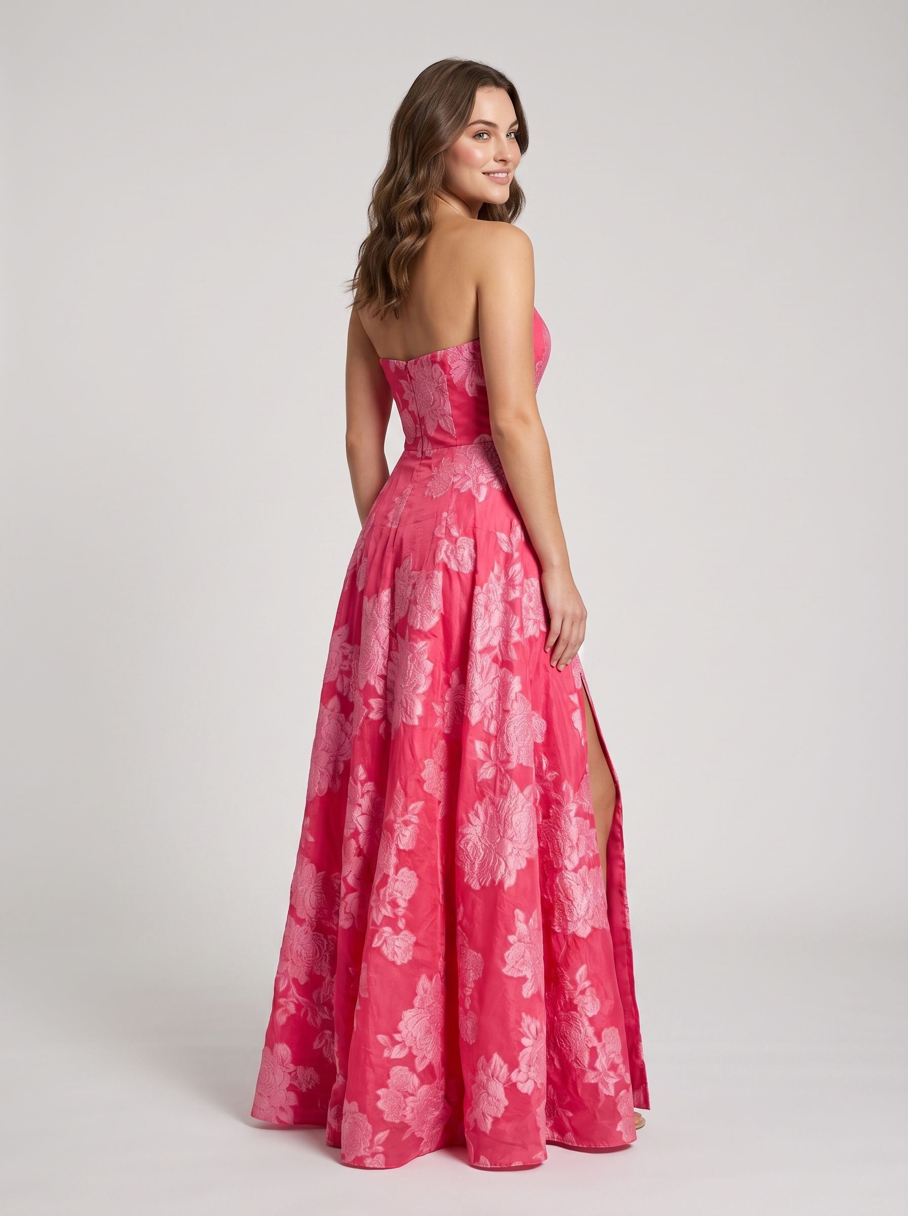 Pink Jacquard A-Line Straight Neck Back Zip Floor-Length Dress with Floral Embroidery
