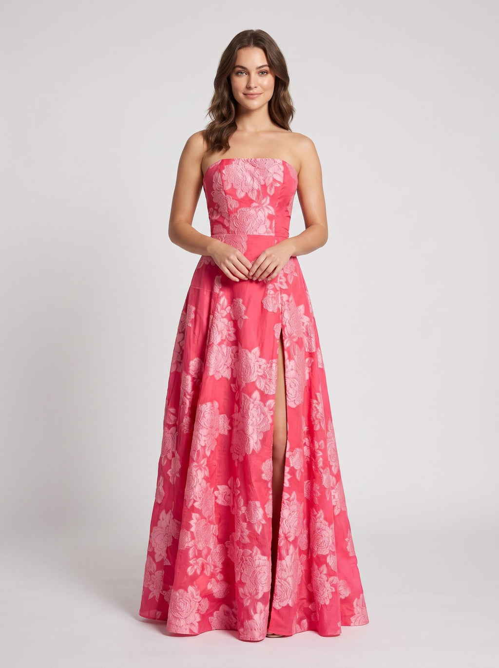 Pink Jacquard A-Line Straight Neck Back Zip Floor-Length Dress with Floral Embroidery
