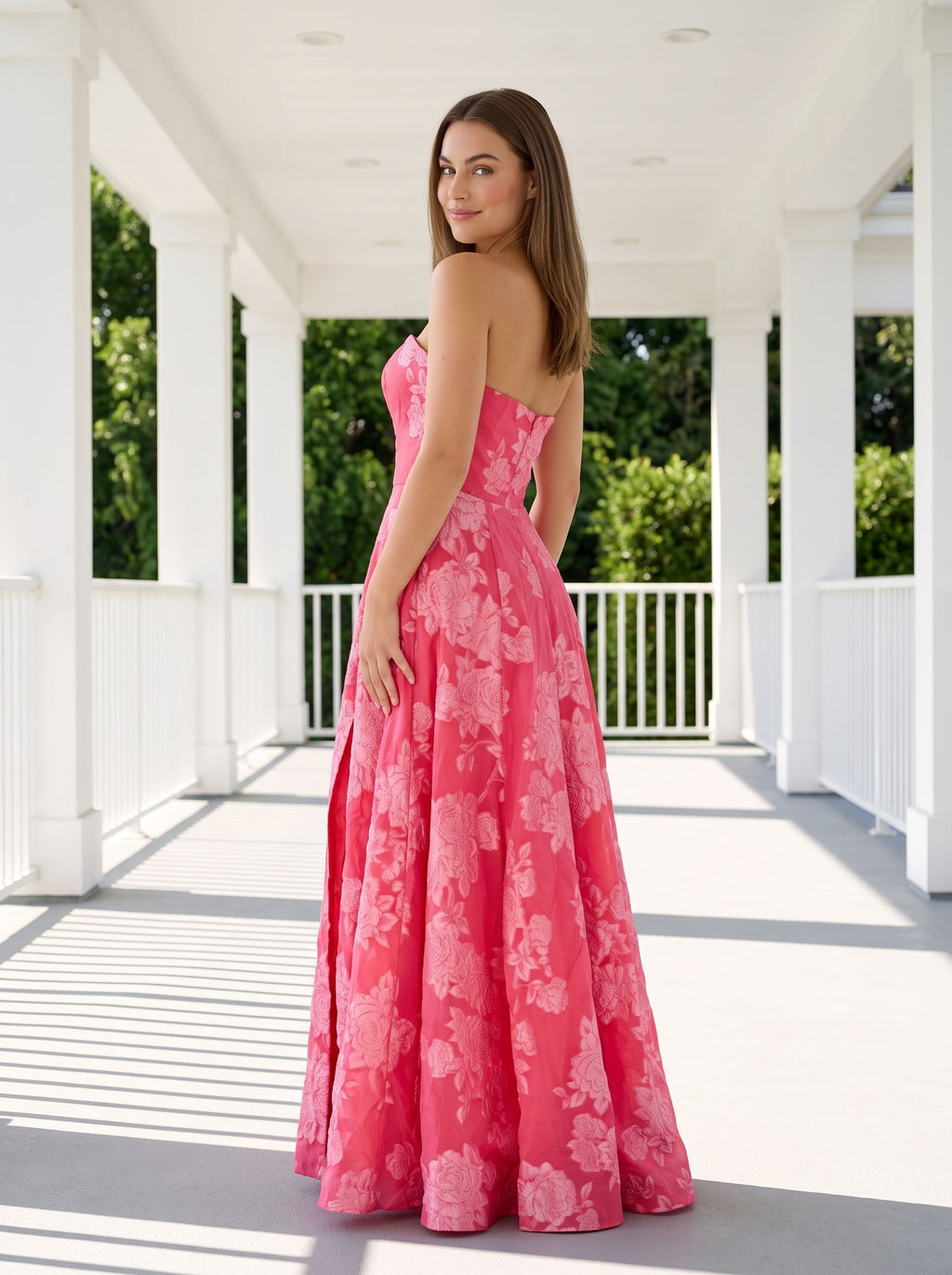 Pink Jacquard A-Line Straight Neck Back Zip Floor-Length Dress with Floral Embroidery