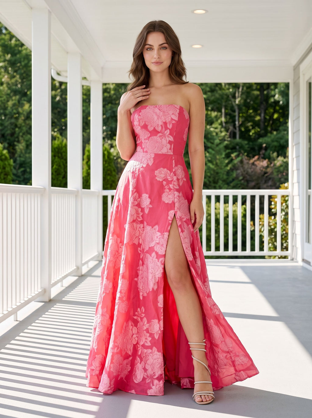 Pink Jacquard A-Line Straight Neck Back Zip Floor-Length Dress with Floral Embroidery