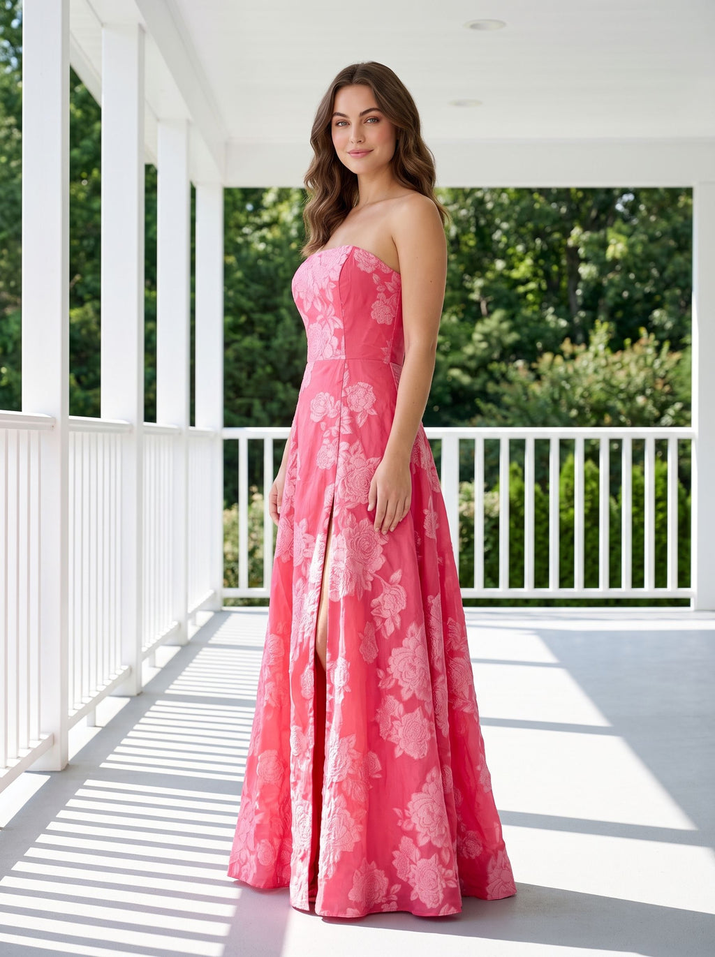Pink Jacquard A-Line Straight Neck Back Zip Floor-Length Dress with Floral Embroidery