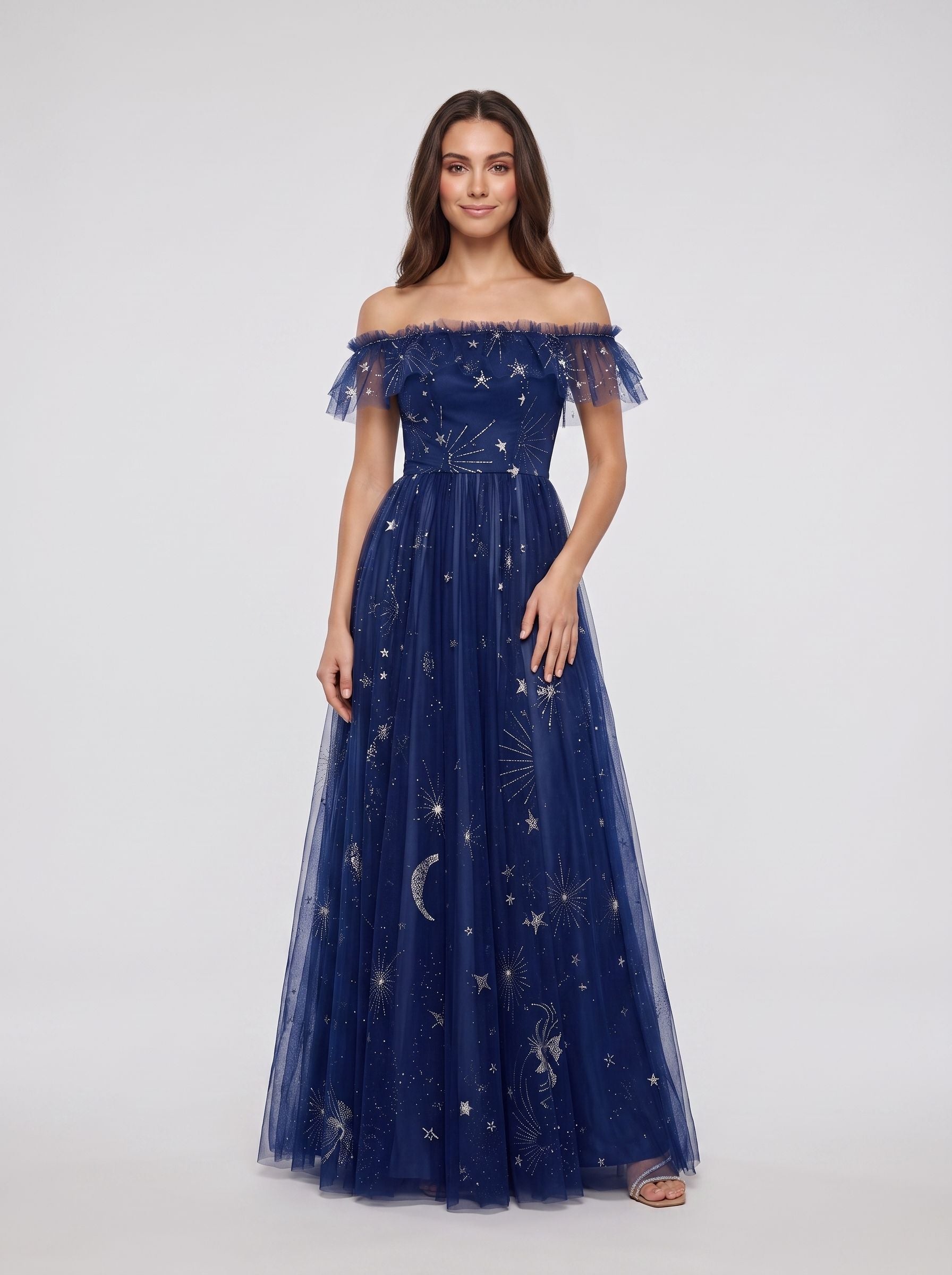 Dark Navy Tulle A-Line Off-the-Shoulder Back Zip Floor-Length Dress with Tiered Plisse Skirt