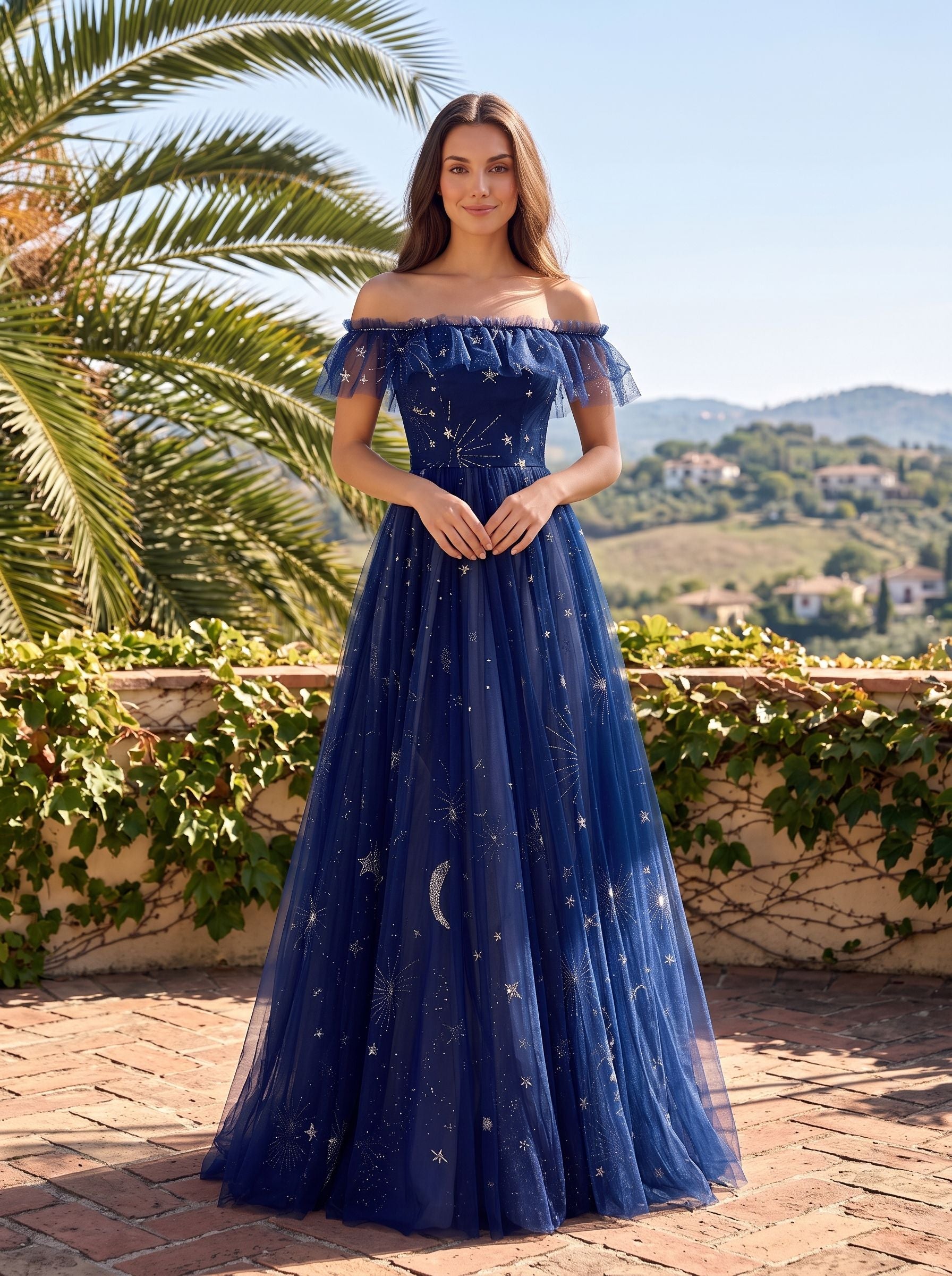 Dark Navy Tulle A-Line Off-the-Shoulder Back Zip Floor-Length Dress with Tiered Plisse Skirt