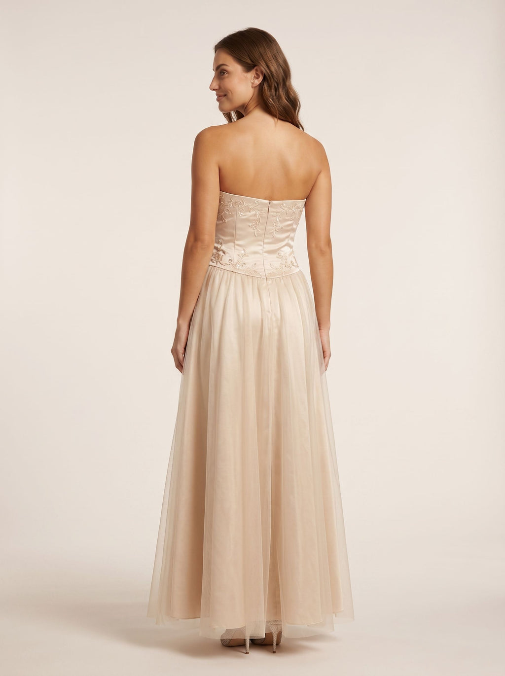 Champagne Satin A-Line Straight Neck Back Zip Floor-Length Dress with Embroidery