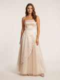 Champagne Satin A-Line Straight Neck Back Zip Floor-Length Dress with Embroidery