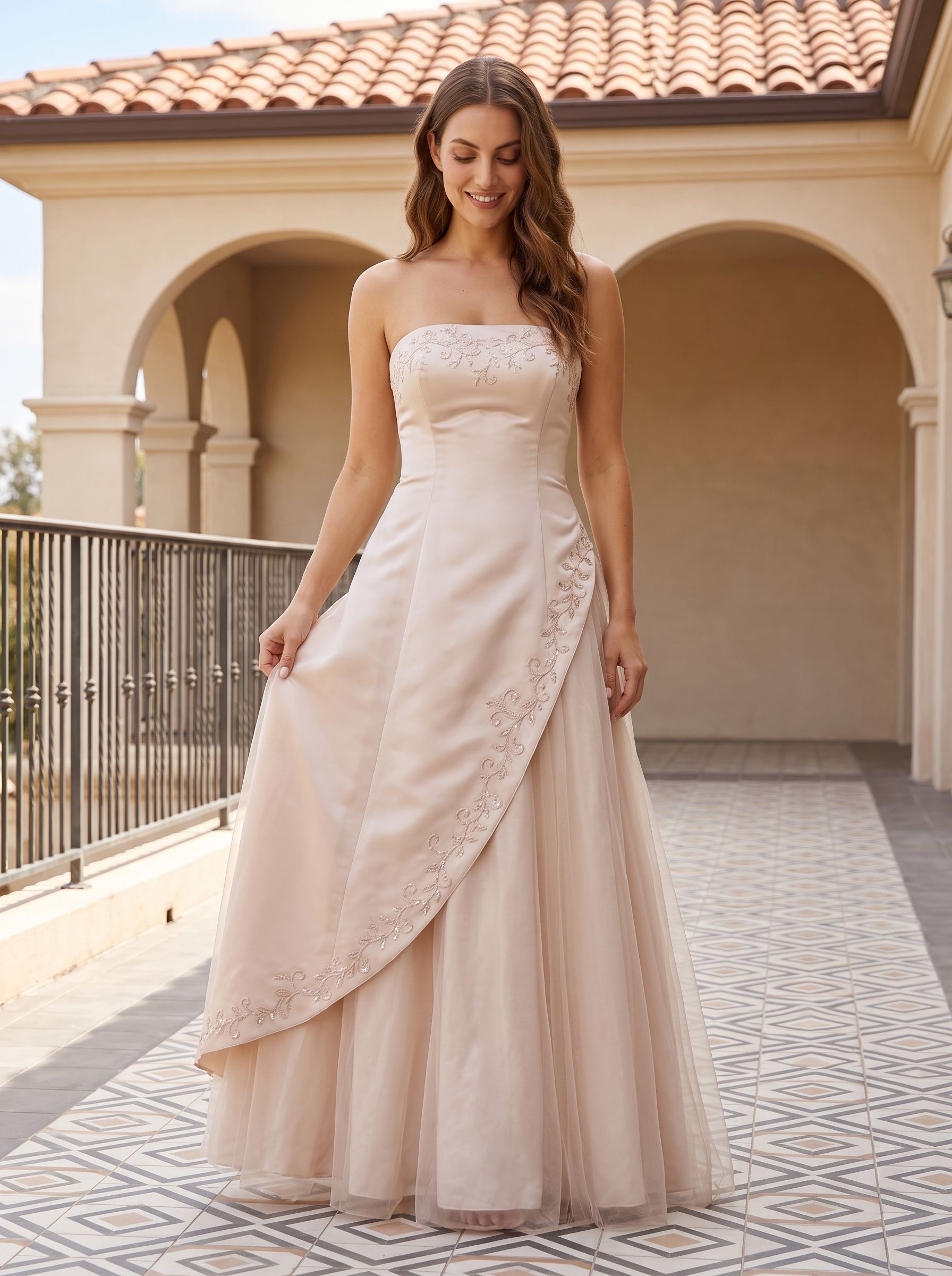 Champagne Satin A-Line Straight Neck Back Zip Floor-Length Dress with Embroidery