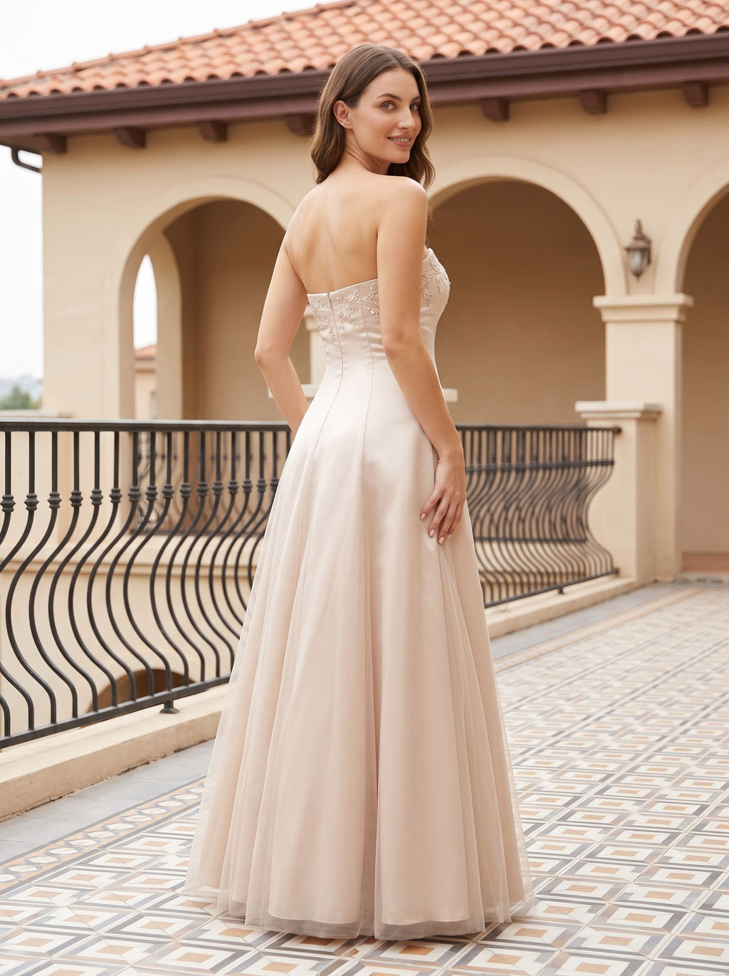 Champagne Satin A-Line Straight Neck Back Zip Floor-Length Dress with Embroidery