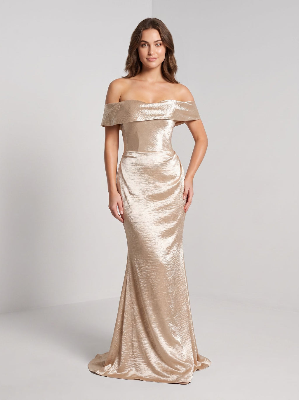 Champagne Satin A-Line Off-the-Shoulder Back Zip Floor-Length Dress with a Draped Bodice