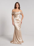 Champagne Satin A-Line Off-the-Shoulder Back Zip Floor-Length Dress with a Draped Bodice